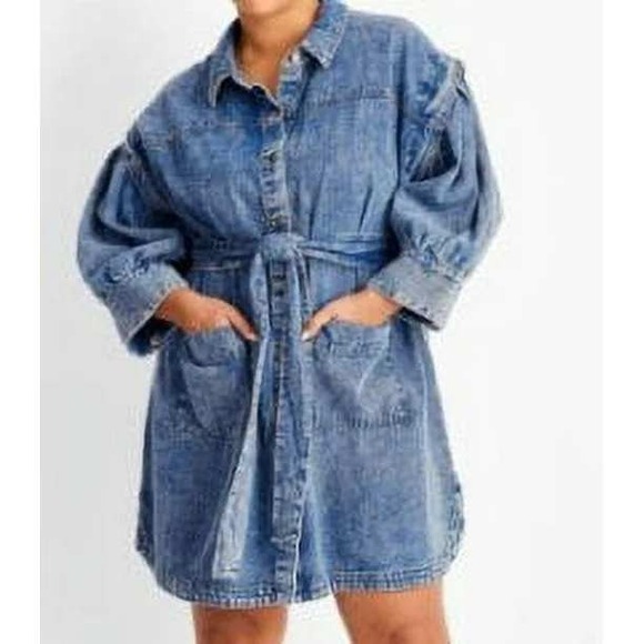 Future Collective x Kahlana Denim Mini Dress 16W/18W Blue Belted Button Casual - Picture 1 of 10